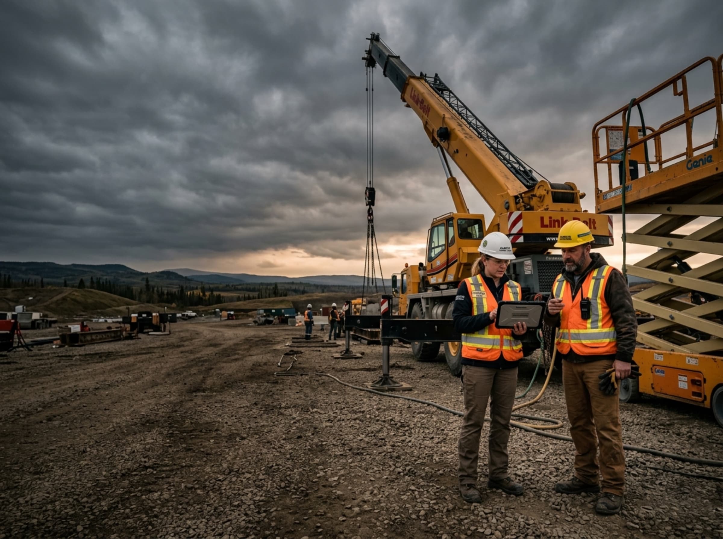 Inspectors beside a mobile crane and scissor lift on a job site