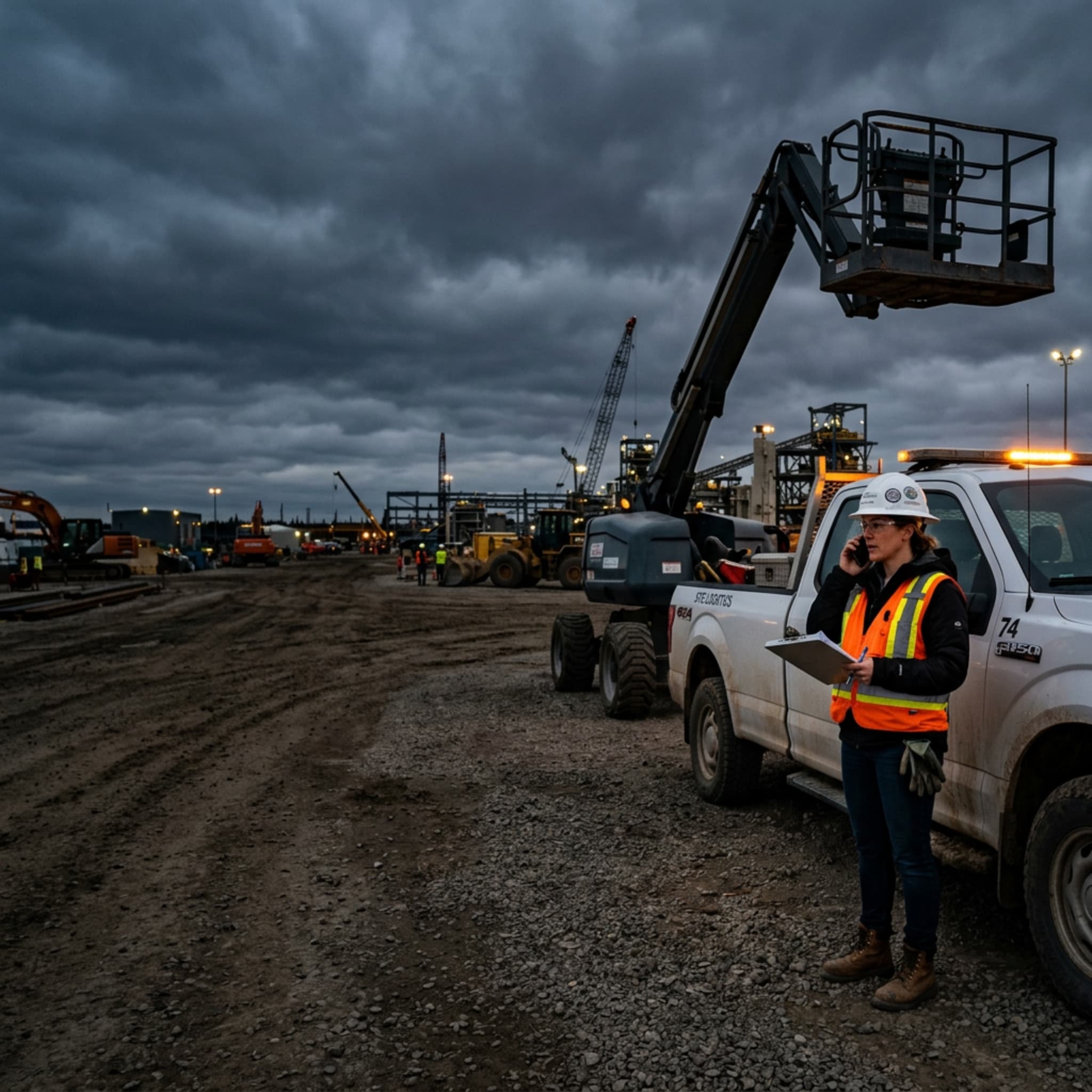 Field inspector beside a work truck and lifting equipment on a job site