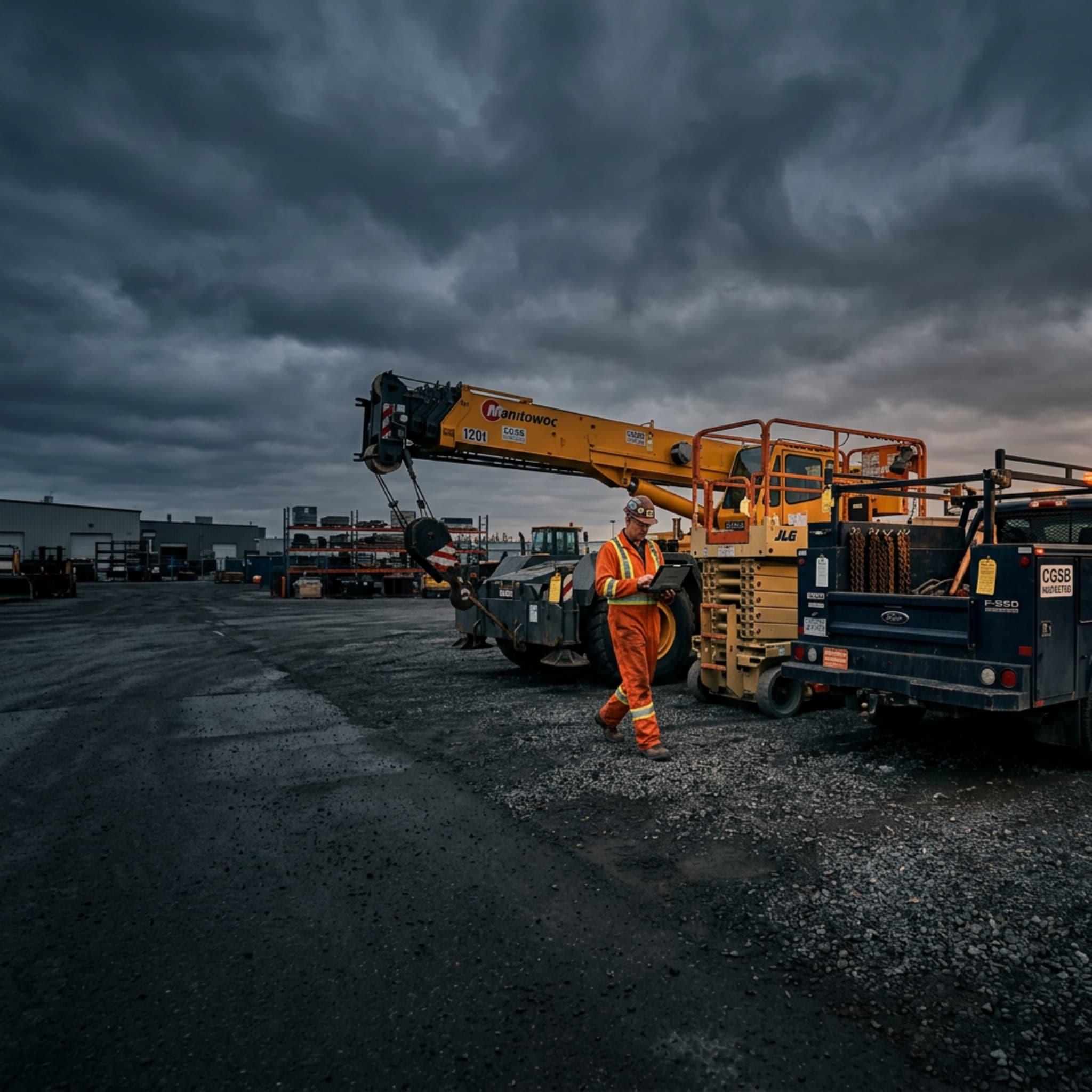 Inspected lifting equipment lined up on an industrial yard