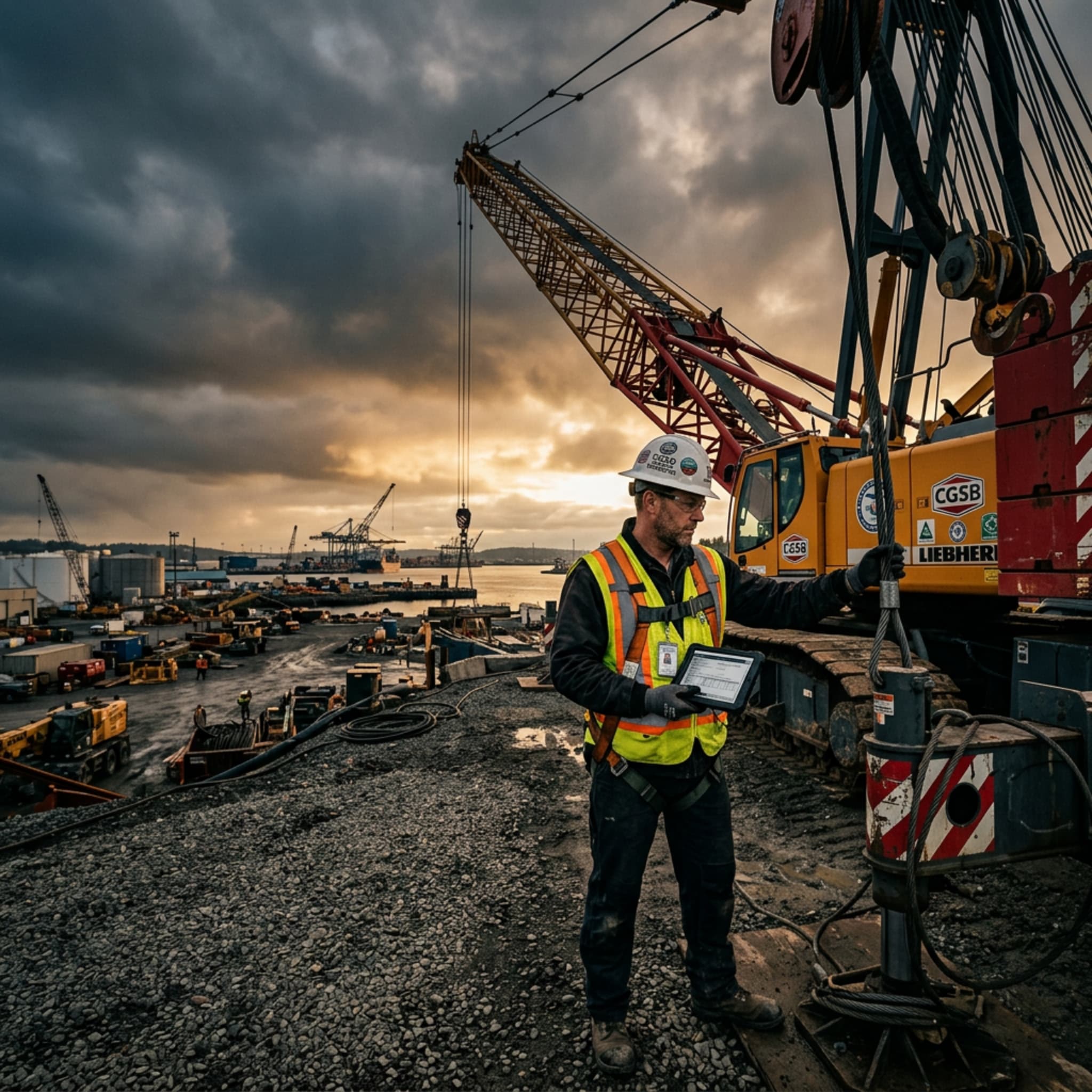 CGSB-certified inspector beside a mobile crane on a job site