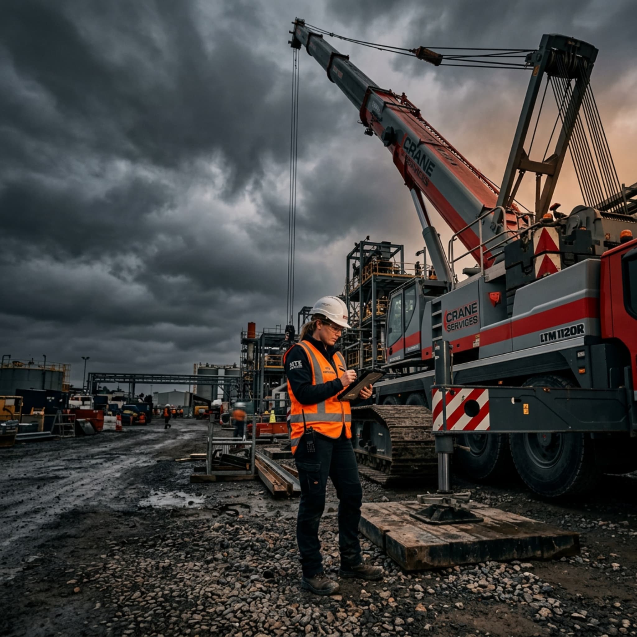 Field inspector reviewing a mobile crane on an industrial job site